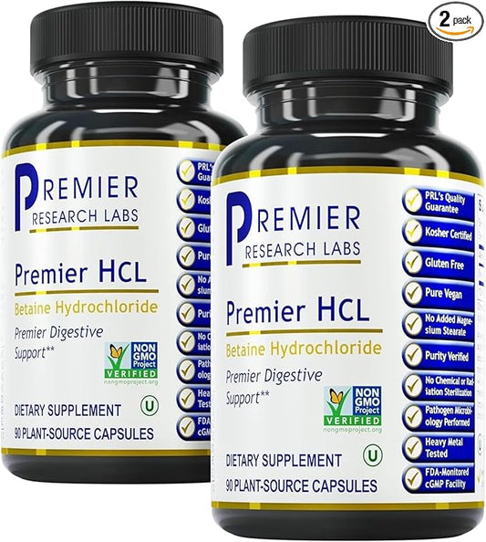 Premier Research Labs Premier HCL - Aids Nutrient Absorption & Digestive Function - Betaine HCL - 90 Plant-Source Capsules - 2 Pack