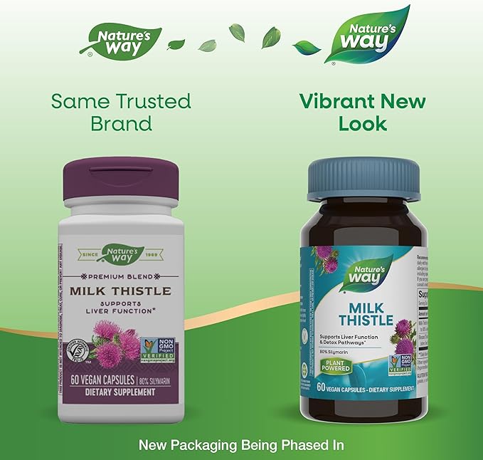 Nature's Way Milk Thistle, Supports Liver Function & Detox Pathways*, 175 mg Milk Thistle Seed Extract Standardized to 80% Silymarin per Serving, Vegan, 60 Capsules (Packaging May Vary)