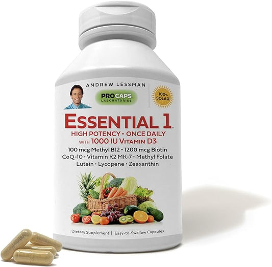 ANDREW LESSMAN Essential-1 Multivitamin 1000 IU Vitamin D3 30 Small Capsules – 100 mcg Methyl B12. CoQ10 Lutein Lycopene Zeaxanthin. High Potency. No Additives. Gentle Ultra-Mild. One Daily Capsule