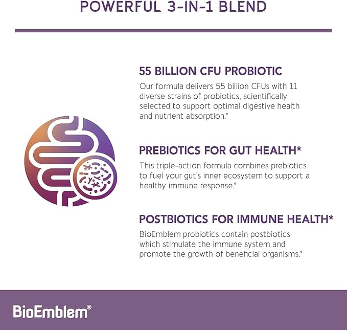 BioEmblem Probiotics for Women & Men – 55 Billion CFU | 11 Strains with Prebiotics & Postbiotics | Jerusalem Artichoke & Inulin | Digestive & Immune Support, Nutrient Absorption | Non-GMO,45 Capsules