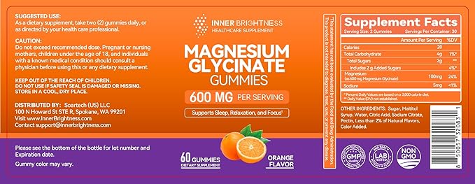 Magnesium Glycinate Gummies 600mg, Non-GMO, Gluten-Free, Magnesium Gummies for Adults & Kids, Sleep, Relaxation & Focus, Orange Flavor, 60 Count