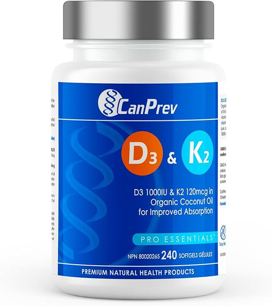 CanPrev D3 & K2 Vitamins 240 Softgels, 240-Day Supply, 1000IU Vitamin D3 & 120mcg K2, Supports Strong Bones, Teeth & Heart Wellness, Easy-to-Absorb with Organic Coconut Oil, No GMO, Gluten, Soy, Dairy