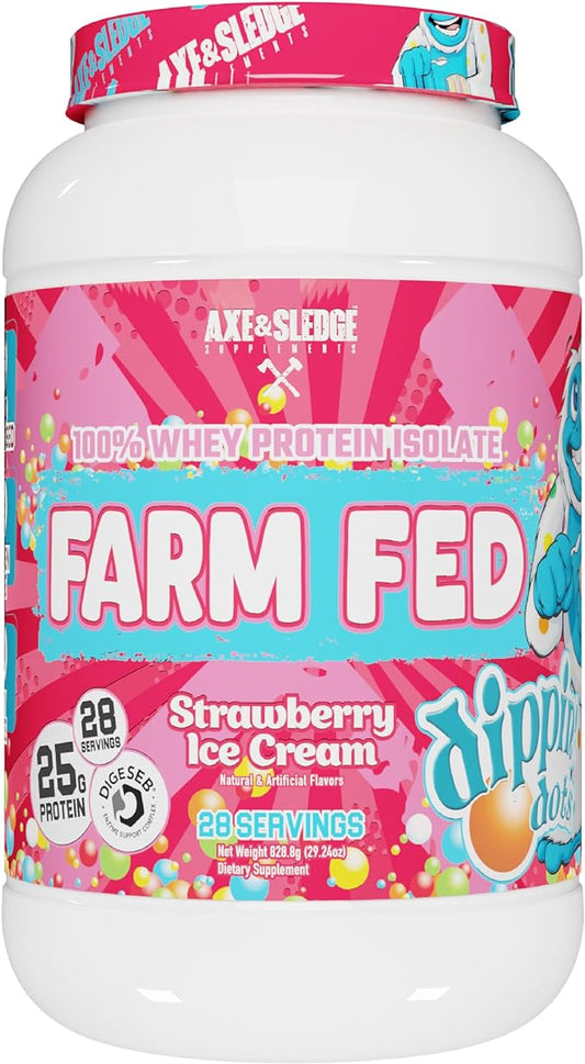 Axe & Sledge Supplements Farm Fed Grass-Fed Whey Protein Isolate, Digestive Enzymes (Dippin Dots Strawberry Ice Cream V2)