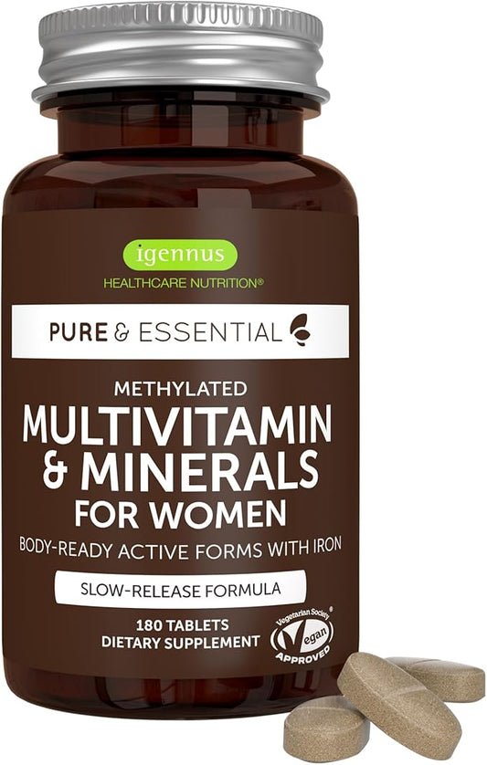 Igennus Methylated Women's Multivitamin, Methylated Folate for MTHFR, 21 Highly Bioavailable Nutrients, Clean Label & Sustained Release, with Iron, Non-GMO, Halal, 180 Vegan Tablets