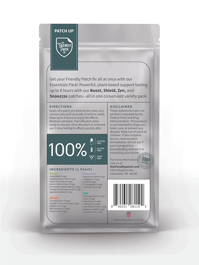 The Friendly Patch Travel Essentials Multi-Pack includes 8 Patches: Snooze Sleep Patches, Ashwagandha calm Patches, Boost Energy Patch, and Shield Patches for Sleeping, Relaxing, and Energy.
