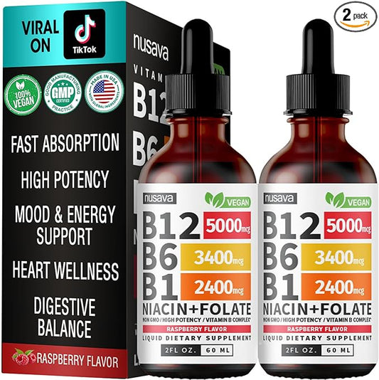 (2 Pack) Vitamin B12 and B6 Liquid Drops, B12 Sublingual Vitamin B Complex - B 12 Vitamin 5000mcg - B12 Methylcobalamin for Energy, Brain, and Heart Support with 27,200 mcg, Raspberry, 80 Servings