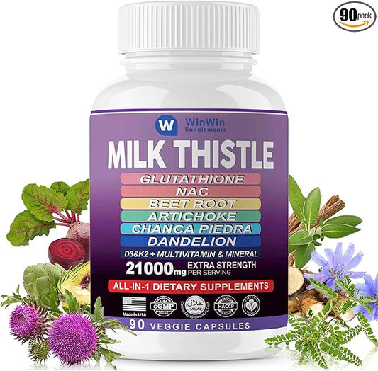 Milk Thistle Supplement 15000mg Organic Artichoke Chanca Piedra Dandelion Liver Protection Supplement Contains Glutathione NAC Beetroot Powder D3&K2 vitamins Mineral (29-IN-1)Made In USA