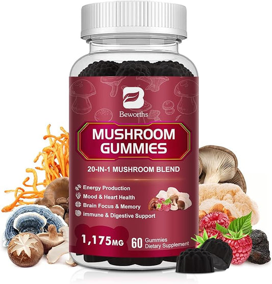 Super Mushroom Complex Gummies, 20-IN-1 Lion's Mane Supplement Gummies - Mushroom Supplement with Cordyceps, Reishi etc, Support for Brain Health, Focus & Clarity, Non-GMO,Raspberry Flavor,60 Gummies