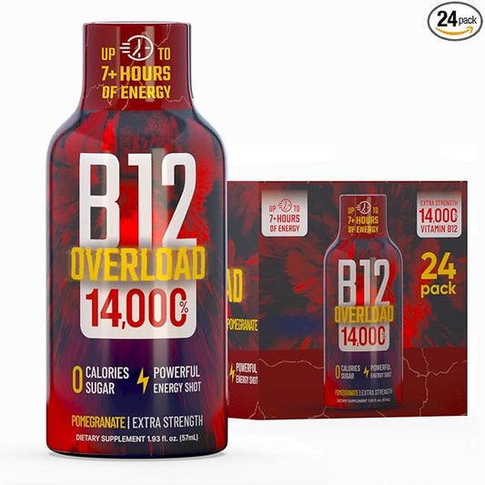 B12 Overload Extra Strength Energy Shot – Pomegranate – 260mg Caffeine, 14000% B12, Electrolytes – Energy & Vitality Support – Zero Sugar No Calories – Vegan, Kosher, Gluten-Free – 1.93 fl oz, 24-Pack