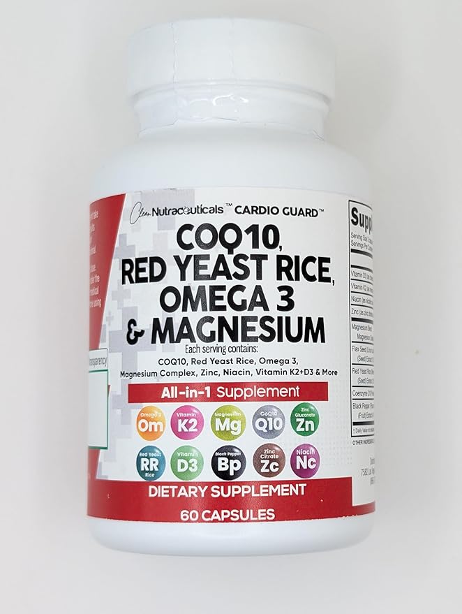 Clean Nutraceuticals COQ10 200mg Red Yeast Rice Omega 3 Magnesium Complex 500mg Niacin Zinc Vitamin K2 D3 - Heart Support Vitamins for Women & Men w/Vitamin B3, Coenzyme Q10-60 Ct