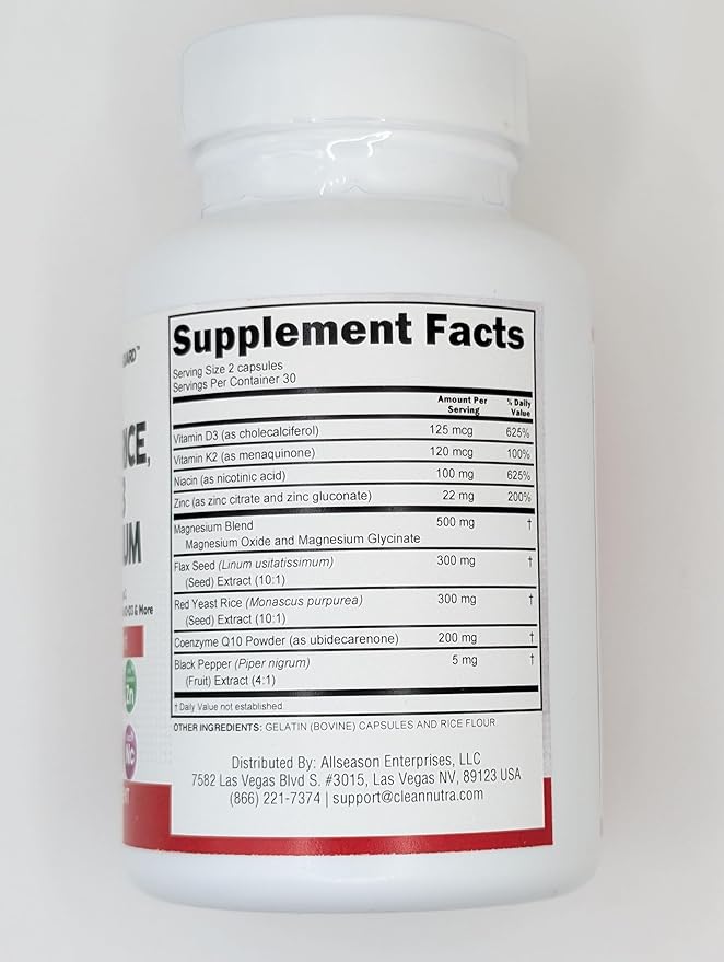 Clean Nutraceuticals COQ10 200mg Red Yeast Rice Omega 3 Magnesium Complex 500mg Niacin Zinc Vitamin K2 D3 - Heart Support Vitamins for Women & Men w/Vitamin B3, Coenzyme Q10-60 Ct