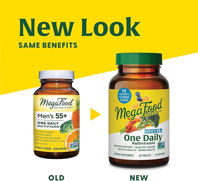 MegaFood Men's 55+ One Daily - Multivitamin for Men with Vitamin B12, C, D & Zinc - Optimal Aging & Immune Support Supplement - Vegetarian - Made Without 9 Food Allergens - 60 Tabs