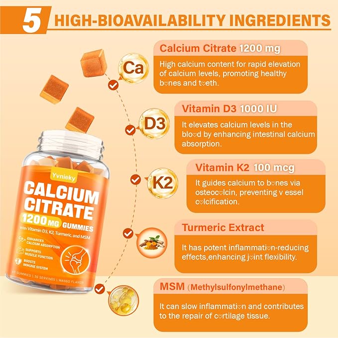 Calcium 1200 mg with Vitamin D3 Supplement Gummies for Adults - Calcium Citrate with Vitamin D3, K2, Turmeric, MSM for Women Men - Support Strength Muscle Immune - Sugar Free, Natural Mango Flavor