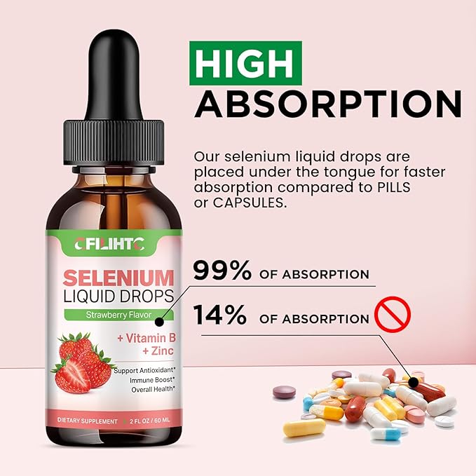 2 Pack Selenium Liquid Drops, 200mcg Liquid Selenium Supplement with Vitamin B Complex & Zinc, Support for Immune System, Antioxidant & Heart Health, High Absorption, Strawberry Flavor