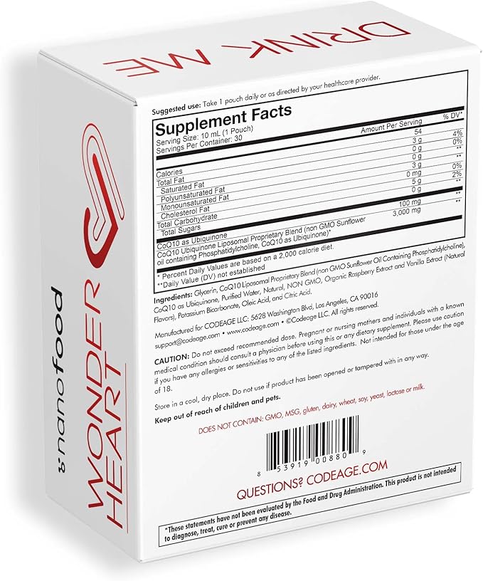 Codeage Wonder Heart Liquid CoQ10 Liposomal Ubiquinone Supplement, Coenzyme Q10 Heart Vitamins, Non-GMO Sunflower Phosphatidylcholine Vegan Blend, Raspberry Flavored Softgel, Pack of 30 Pouches
