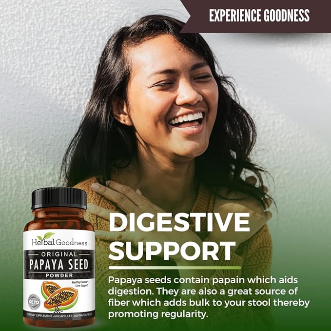 Herbal Goodness Papaya Seeds Capsules 60ct - Supports Gut and Digestive Health -100% Natural Body Detox Cleanse and Colon Broom Formula - 1 Pack