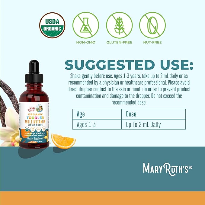 MaryRuth Organics Multivitamin & Multimineral with Iron for Toddlers | USDA Organic | Sugar Free | Multivitamin Liquid Drops for Kids Ages 1-3 | Immune Support | Vegan | Non-GMO | 2 Fl Oz