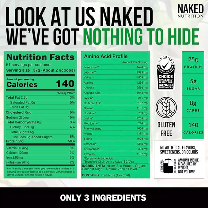 NAKED Pea - Vanilla Pea Protein - Pea Protein Isolate from North American Farms - 5lb Bulk, Plant Based, Vegetarian & Vegan Protein. Easy to Digest, Non-GMO, Gluten Free, Lactose Free, Soy Free