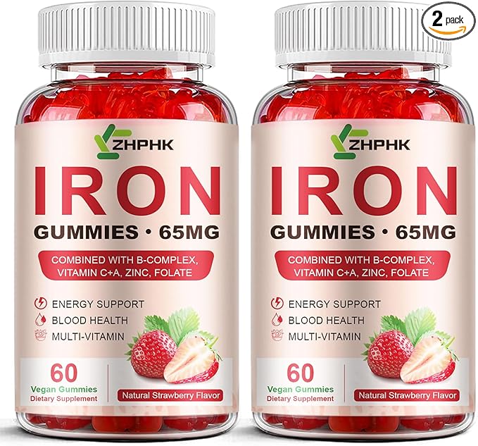 Iron Supplement Gummies for Women, Men & Kids, 65mg Iron & 250mg Vitamin C per Serving - Healthy Blood, Energy & Immune Support Iron Vitamin Gummy with Folate, 2 Pack