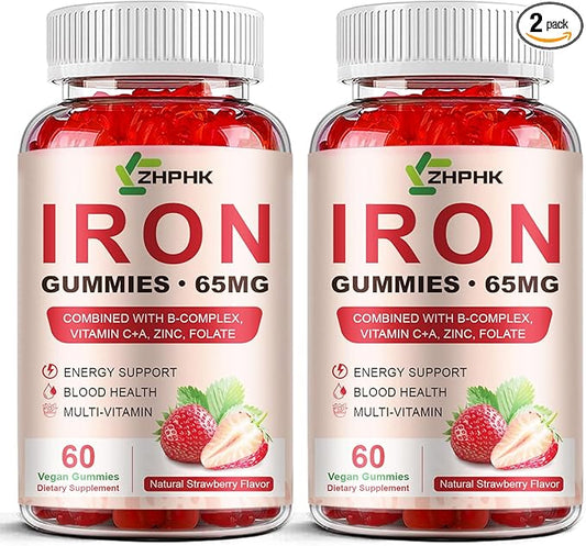 Iron Supplement Gummies for Women, Men & Kids, 65mg Iron & 250mg Vitamin C per Serving - Healthy Blood, Energy & Immune Support Iron Vitamin Gummy with Folate, 2 Pack