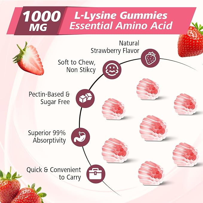1000mg L-Lysine Gummies, Lysine Gummies Supplement for Adults & Kids, Essential Amino Acid with L-Arginine, L-Glutamine, Vitamin for Lip & Skin, Immune, Calcium Absorption, Strawberry Flavor, 60Ct