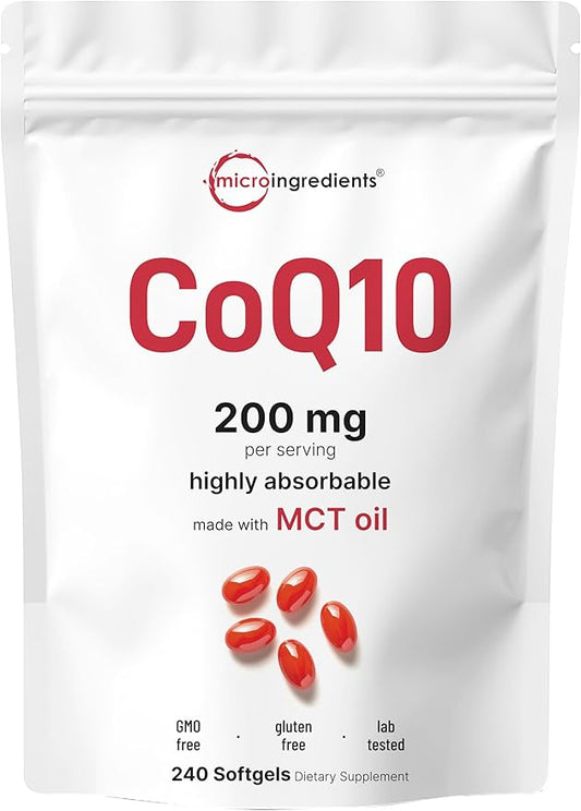 Micro Ingredients CoQ10 200mg Per Serving | 240 Softgels with Coconut MCT Oil | High Absorption Coenzyme Q10 as Ubiquinone | Antioxidant Support for Heart & Energy Health | Non-GMO