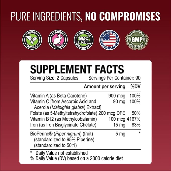 Approved Science Anemiaprin - Absorbable Iron, Vitamin C - Gentle On Stomach - 180 Capsules - 3 Month Supply - Non-GMO, Vegan