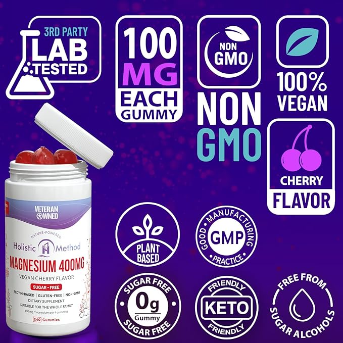 Magnesium Citrate Gummies - Sugar-Free, Vegan and Non-GMO for Better Sleep and Relaxation - No Sugar Alcohol - Magnesium Supplement for Adults, Teens and Kids - Cherry - 240 Chews