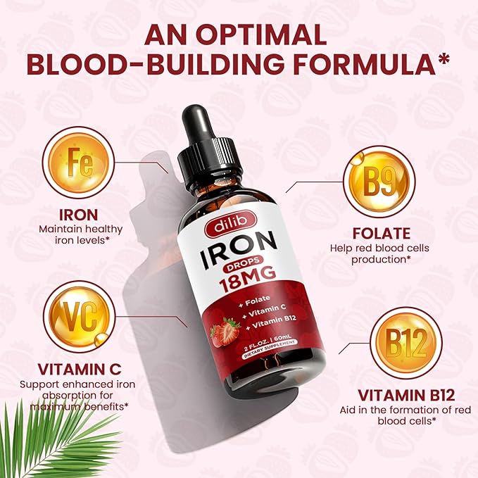 Liquid Iron Supplement for Women & Men Iron Drops Iron Supplements for Anemia with Folate, Vitamin C, B12 for Red Blood Cell Support-Strawberry, 2 Fl Oz
