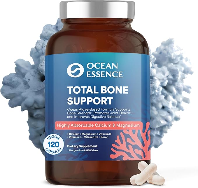 OCEAN ESSENCE Total Bone Support - Plant-Based Algae Calcium Supplement for Supporting Bone Density & Strength - for Men & Women 35+ - 120 Natural Calcium Capsules - Vitamins for Optimal Health