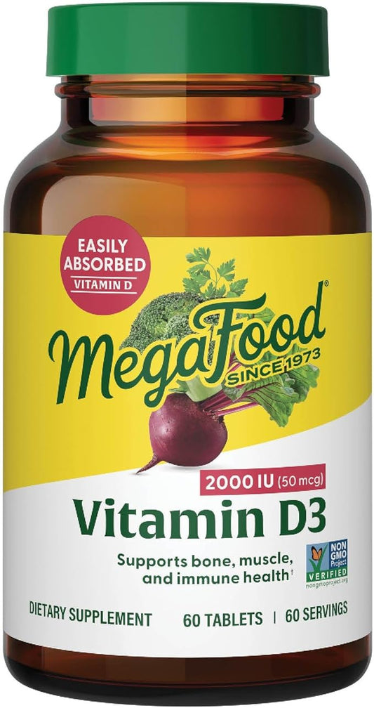 MegaFood Vitamin D3 2000 IU (50 mcg) - Vitamin D Supplements with Real Food, Immune Support, Supports Bones, Teeth & Muscles, Vegetarian, Certified Non-GMO, Kosher – 60 Tablets, 60 Servings