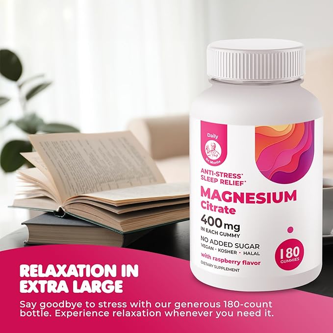 DR. MORITZ Magnesium Gummies for Adults - Low-Sugar 400 mg - Easy to Chew Adult and Kids Magnesium Citrate Gummies (180 Count) - Raspberry Flavored