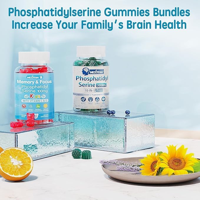 Phosphatidylserine Supplement 100mg, Focus Gummies for Kids Teens + Vitamin C & D3 400IU, Sugar Free Kids Brain Gummies Increase Attention & Concentration, Chewable, Vegan, Gluten Free, Non-GMO 2 Pack