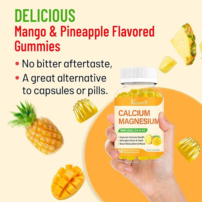 Calcium Magnesium Zinc Gummies with Vitamin D3 and K2, High Absorption Magnesium Glycinate Potassium for Immune and Calm Mood, Vegan Mango and Pineapple Flavor 120 Gummies
