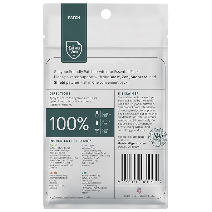 The Friendly Patch Travel Essentials Multi-Pack includes 8 Patches: Snooze Sleep Patches, Ashwagandha calm Patches, Boost Energy Patch, and Shield Patches for Sleeping, Relaxing, and Energy.