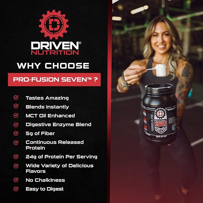 Driven Pro Fusion 7 Meal Replacement Powder - Men & Women, 3 lbs - 24g Protein Per Serving, Digestive Enzymes & MCT Oil - Gluten-Free - On-The-Go Energy & Supports Muscle Mass - Cafe Au Lait
