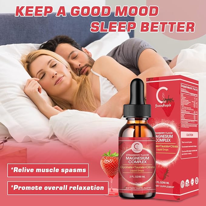 Triple Magnesium Complex Liquid Drops - Magnesium Glycinate Liquid Drops, Taurate & Citrate with L-theanine, Vitamin B6 for Sleep, Muscle, Immune Health, Vegan, Non-GMO, Strawberry Flavor, 2 Fl OZ