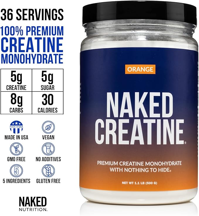 Naked Pure Micronized Orange Creatine Monohydrate - 36 Servings - 500 Grams, 1.1Lb Bulk, Vegan, Non-GMO, Gluten Free, Soy Free. Aid Strength Gains, No Artificial Ingredients Creatine
