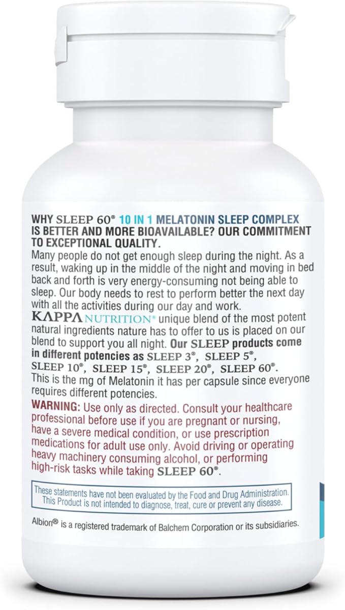 KAPPA NUTRITION Sleep 60, Sleep Aid, 60mg of Melatonin, 60-Day Supply, Non-Habit Forming Vegan Capsules Natural Ingredients for Easier Bedtime, Herbal Supplement, Valerian Root, Chamomile Non-GMO