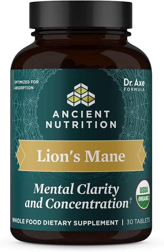 Ancient Nutrition Organic Lion's Mane Mushroom Supplement with Ashwagandha, Organic Lion's Mane Supports Healthy Energy and Concentration, Reduces Fatigue, Gluten Free and Keto Friendly, 30 Tablets