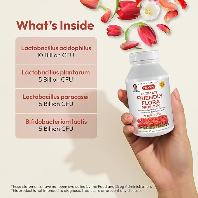 ANDREW LESSMAN Ultimate Friendly Flora Probiotic 60 Capsules - 25 Billion CFU, Comprehensive Blend of Five Probiotic Strains, Powerful Immune and Digestive Support. Probiotics for Women or Men
