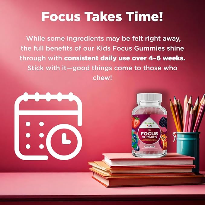 Phytoral Vegan Kids Focus Gummies - Potent Chewable Brain Support for Children - Enhances Concentration & Memory - Calming Supplements & Focus Gummies for Kids - Non-GMO & Gluten-Free - 120 Count