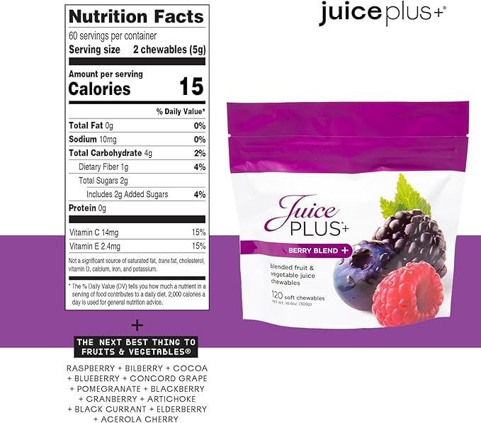 JuicePlus+ Fruit, Vegetable & Berry Blend Soft Chews (Chewables) - 30 Plant-Based Ingredients! Vegan Gummies for Kids & Adults - Gluten-Free, Non-GMO, No HFCS - Prepacked 3 pouches (30 Adult Servings Each)