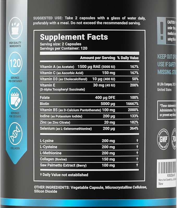 Men's Hair Supplement with Biotin, Selenium, Zinc, Collagen, Vitamins A, C, E, B5 and D3 | 240 Caps - 120 Days | Hair Growth and Strength | Made in USA by B Life.
