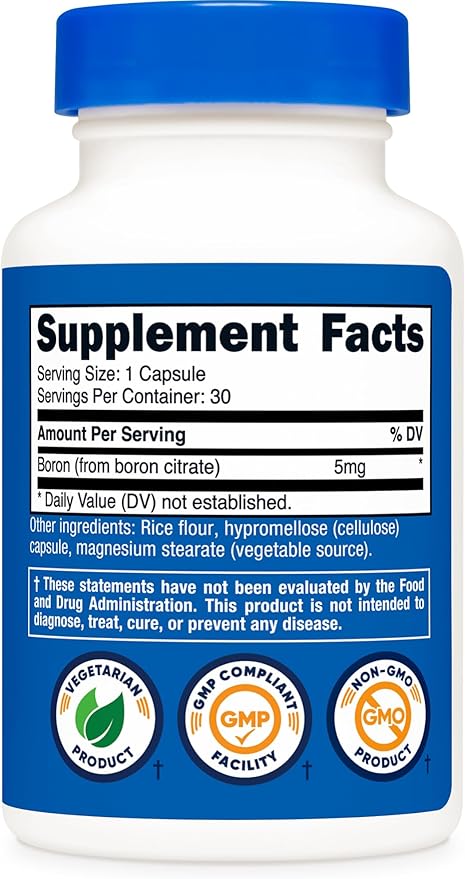 Nutricost Boron Capsules 5mg, 30 Vegetarian Capsules - Gluten Free and GMO Free