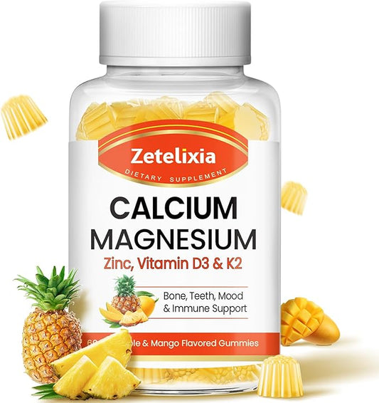 Calcium Gummies for Women Men, Calcium Magnesium Zinc with Vitamin D3 & K2, Calcium Magnesium Supplement for B0nes Muscles, Pineapple & Mango Flavor - 60 Count