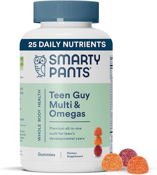 SmartyPants Teen Guy Formula, Daily Multivitamin Gummies: Vitamins C, B12, K, Zinc, & Biotin for Immune Support, Energy, Skin & Hair Support, Assorted Fruit Flavor, 120 Gummies (30 Day Supply)