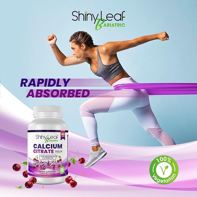 Shiny Leaf Bariatric Calcium Citrate Chews - 600mg, with Vitamin D 3 Plus Magnesium - Chewable Supplements for Women and Men, Bariatric Patients Vitamins for Bone and Joints Health, 60 Count, Cherry