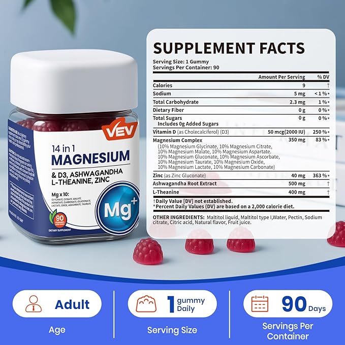 VEV DeepCalm 14-in-1 Magnesium Complex Gummies – with Ashwagandha, L-Theanine, D3 & Zinc – Cortisol Supplements for Women – 90 Sugar-Free Vegan Magnesium Glycinate Complex Gummies