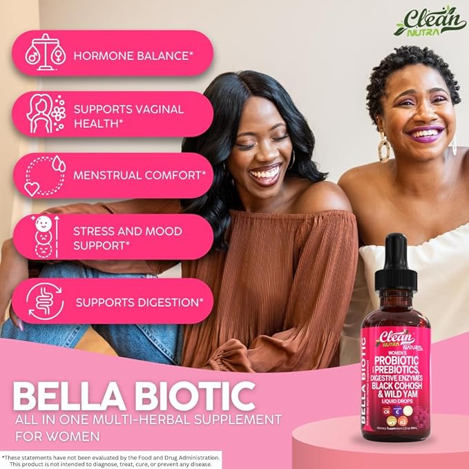 Liquid Probiotics for Women Drops with Chasteberry, Black Cohosh, Prebiotics, Digestive Enzymes, Evening Primrose Oil, Wild Yam, Cranberry Dmannose and Iron Vitamin D3 K2 Clean Nutra Bella Biotics